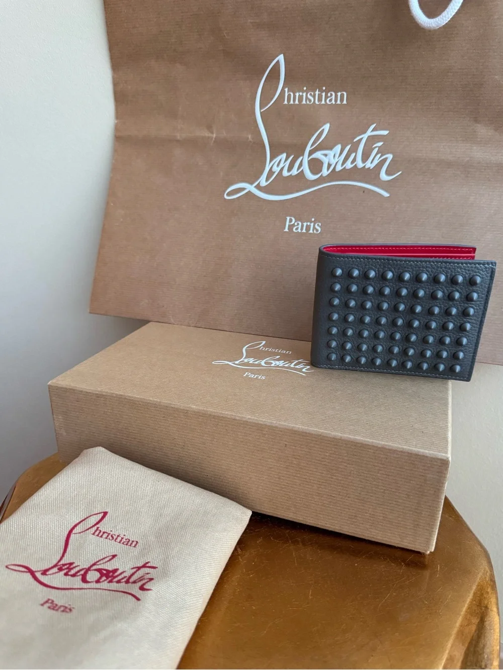 NWT Christian Louboutin Men’s Funky Studded Leather Bifold Wallet in Smoke Grey